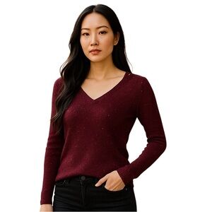 Guess Women's Sweater XS Sparkly Burgandy Purple V-Neck
